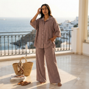 Geruiten oversized blouse met wijde broek van katoen - coffee brown