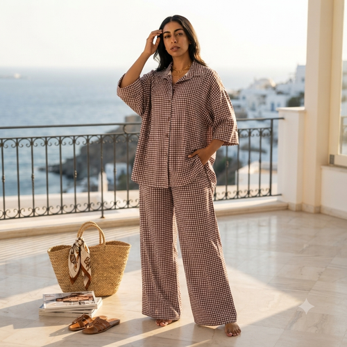 Geruiten oversized blouse met wijde broek van katoen - coffee brown