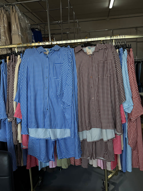 Hdhgbhdhebd streepje donker blauw en bruin maat Large setjes broek ruitjes