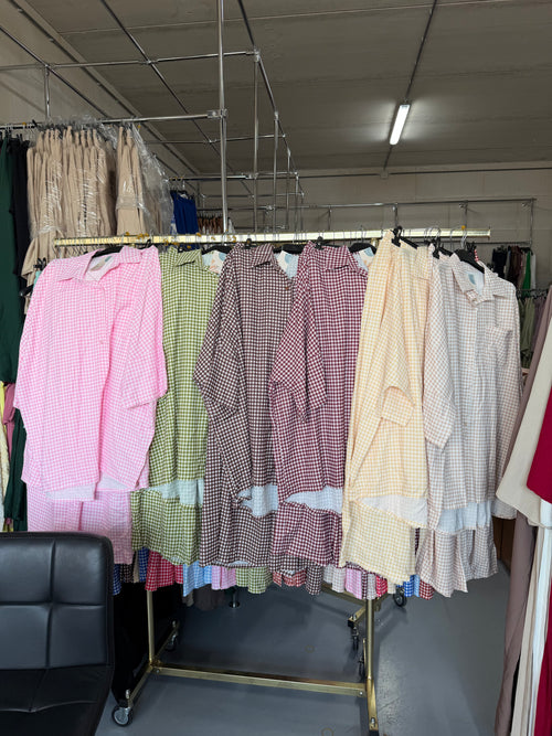 Elh0300 groen en bruin en butter yellow en burgundy en licht roze en beige broek setjes ruitjes