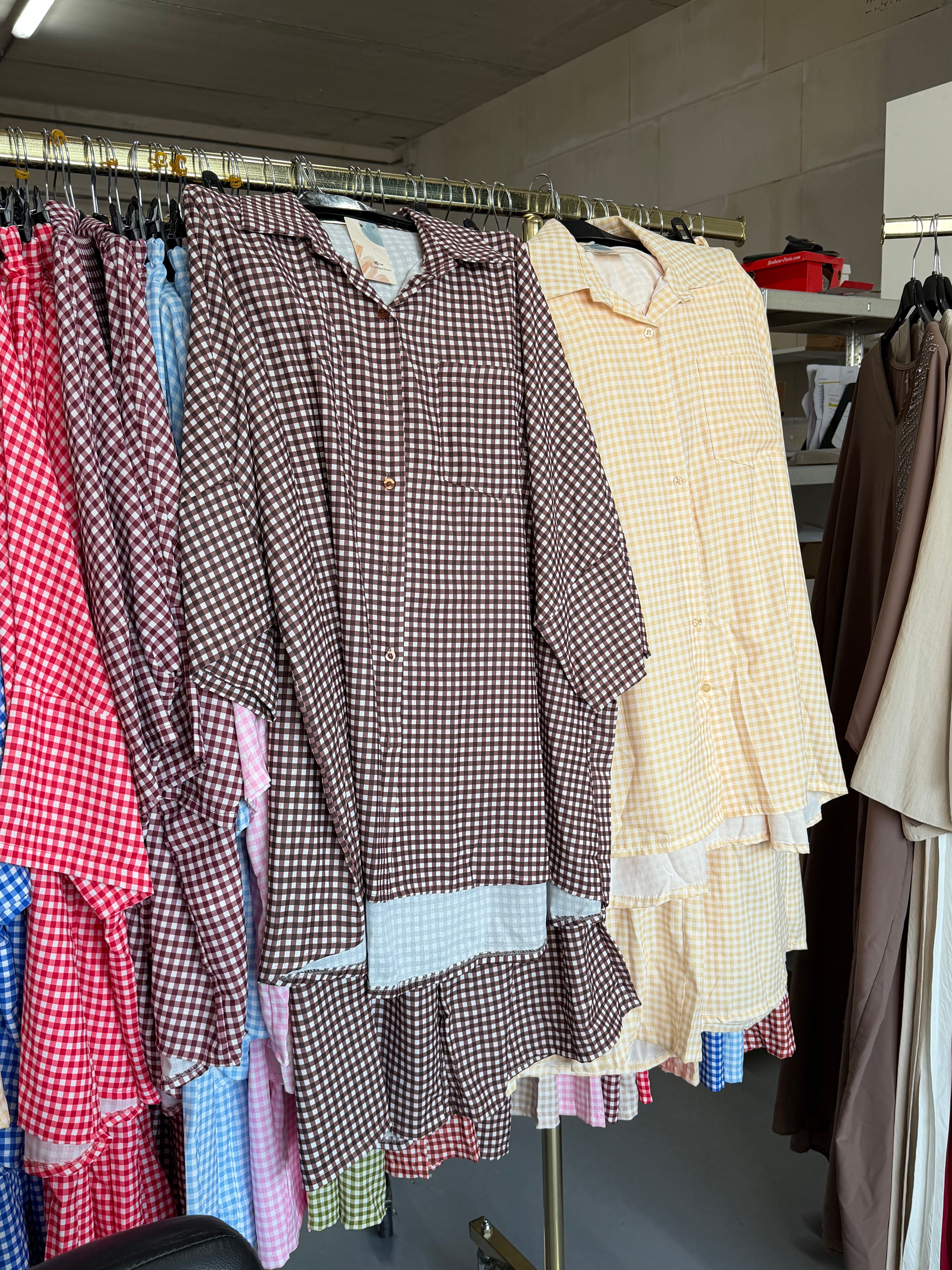 Rifje geel en bruin ruitjes broek setjes