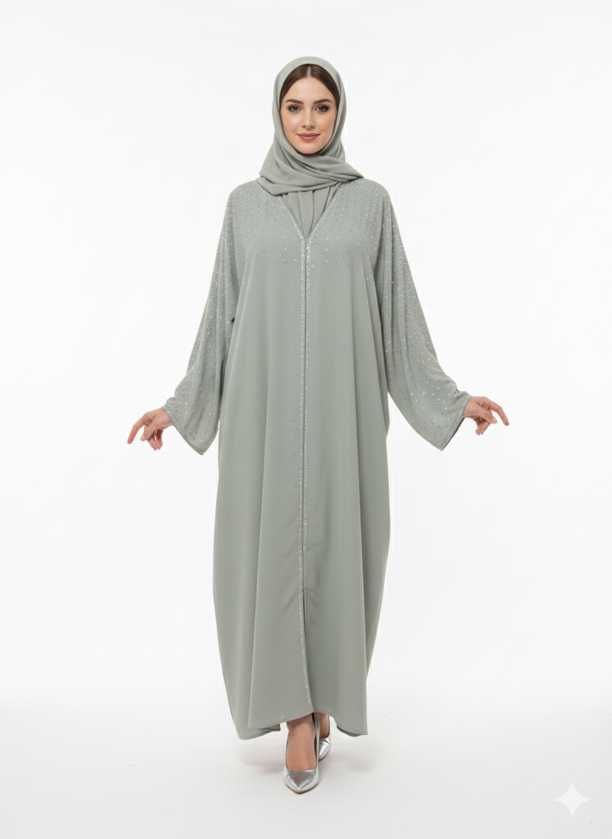 Mint groene abaya met zilveren steentjes voor en achterkant - dubai cl522