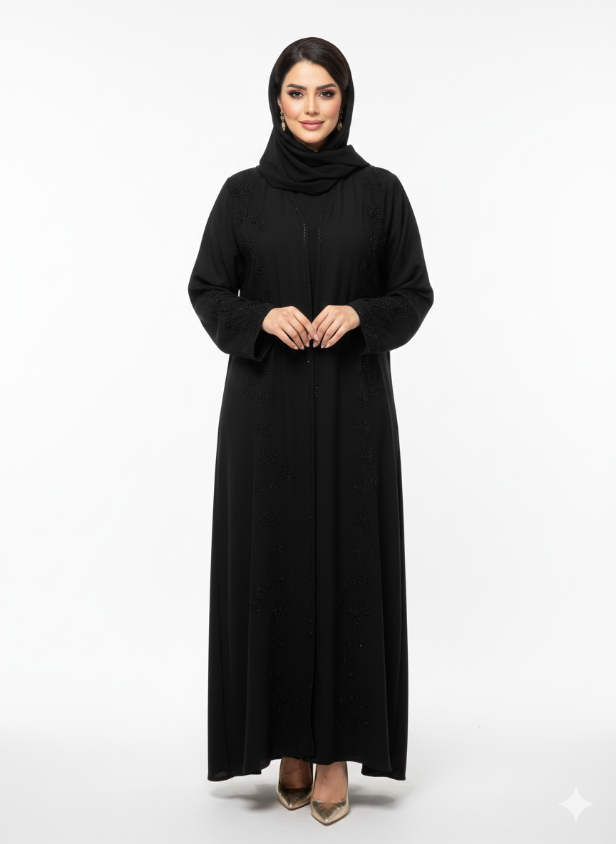 Abaya met bladeren print zwart - Dubai cl540