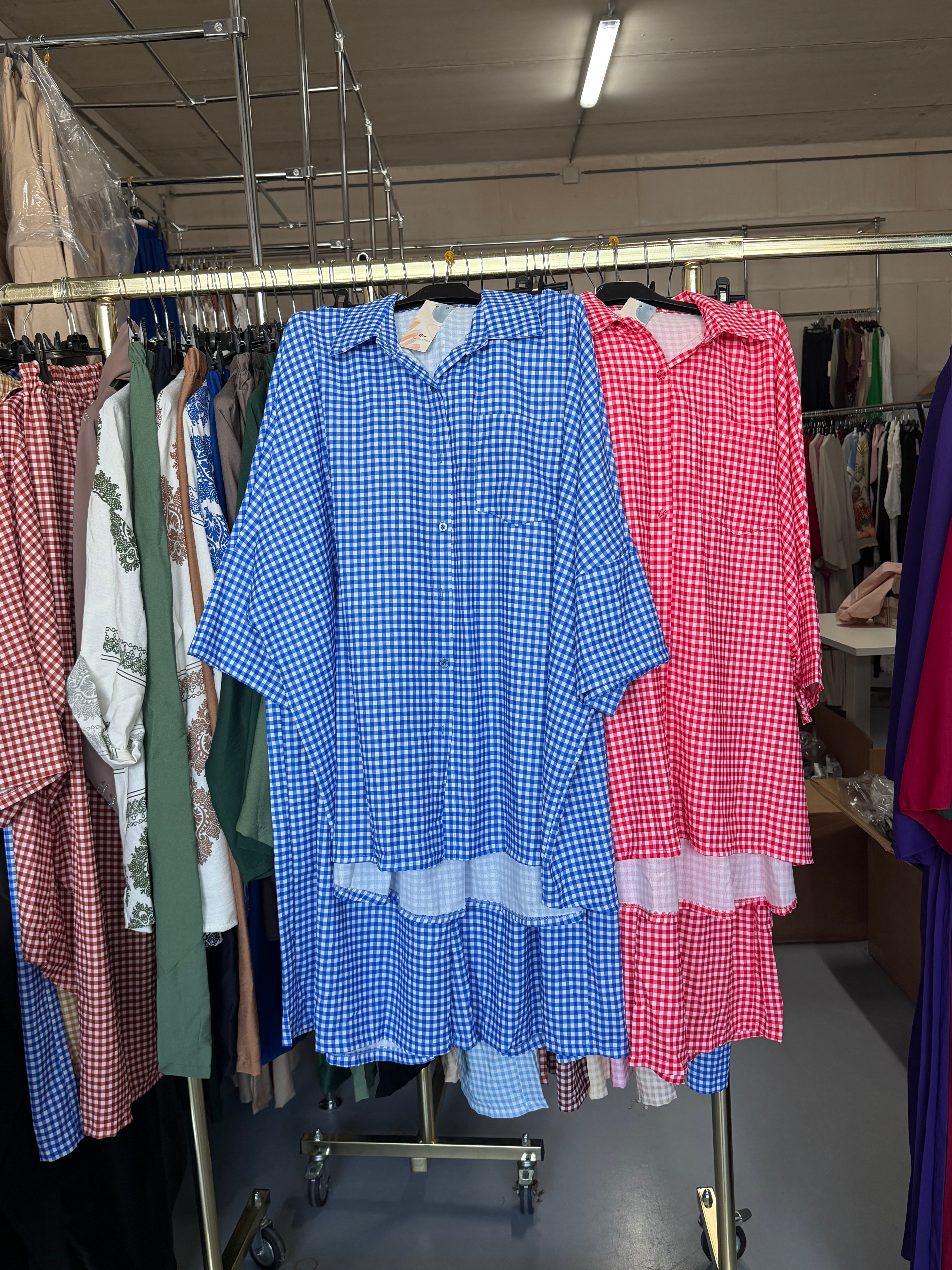 Nadia.sss rood en donker blauw ruitjes broek setjes L