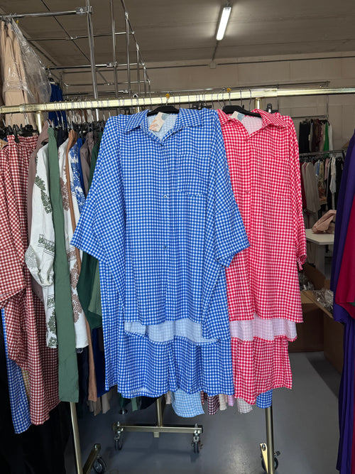 Nadia.sss rood en donker blauw ruitjes broek setjes L