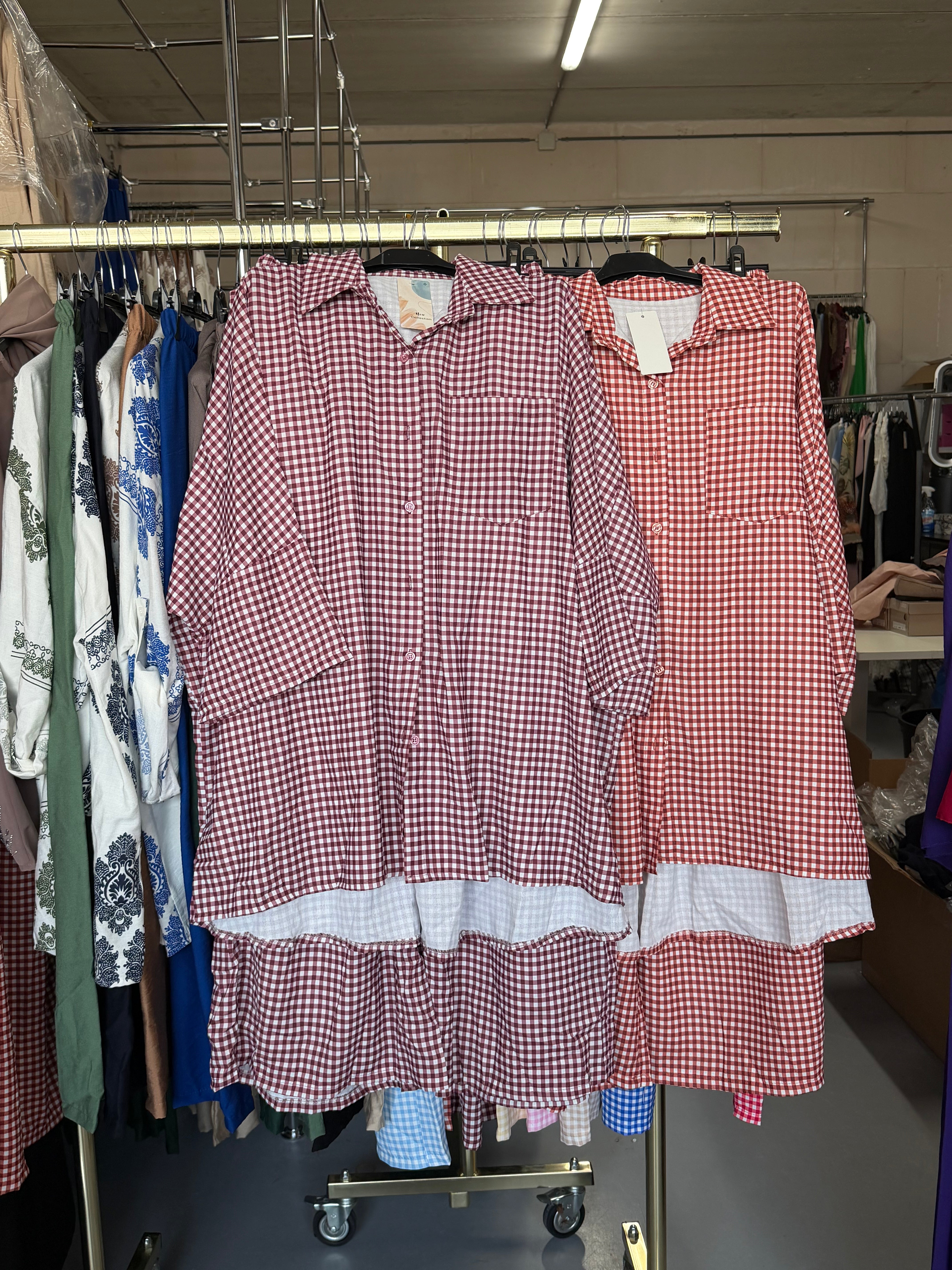 Veronique oranje en burgundy xl ruitjes broek setjes
