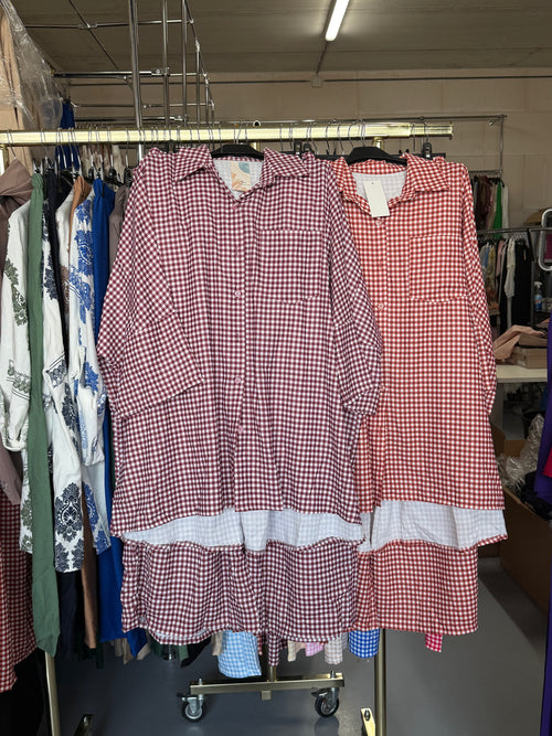 Veronique oranje en burgundy xl ruitjes broek setjes