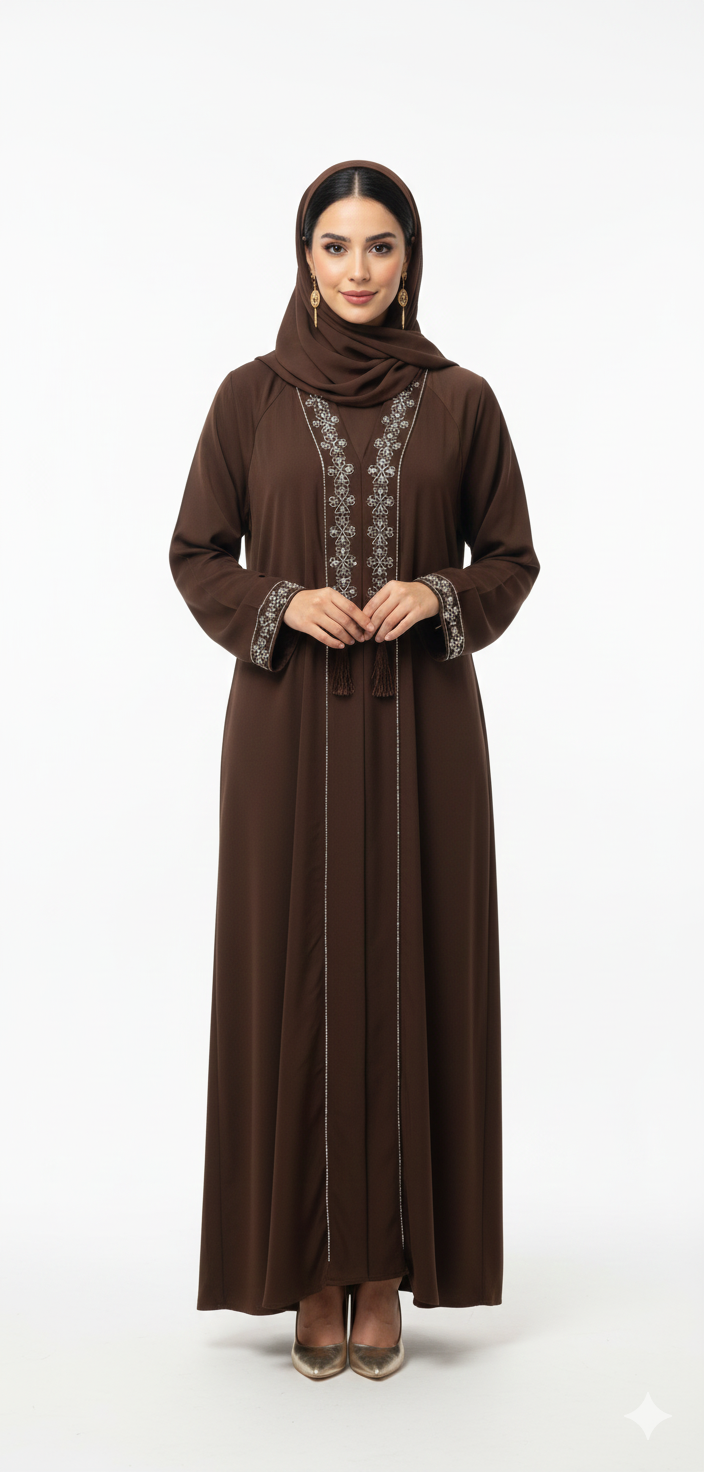 Donker bruine abaya met zilveren details - dubai cl299