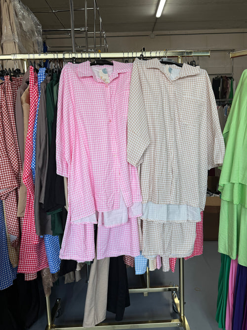 NS beige en roze ruitjes broek setjes L (samenvoegen)