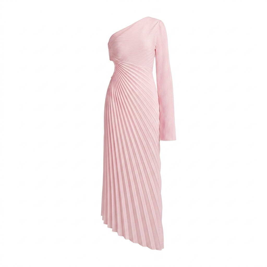 Statement Pleated One-Shoulder Maxi-Jurk – light pink