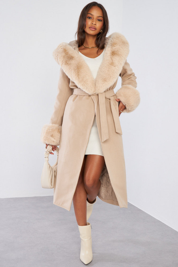 Wintermantel beige met bont - FC7576