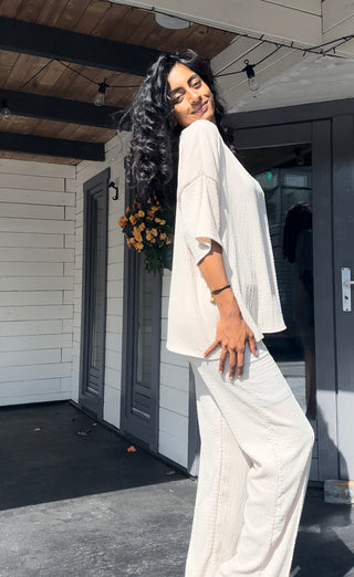 CRÊPE KORTE MOUWEN TWEEDELIG SET BEIGE