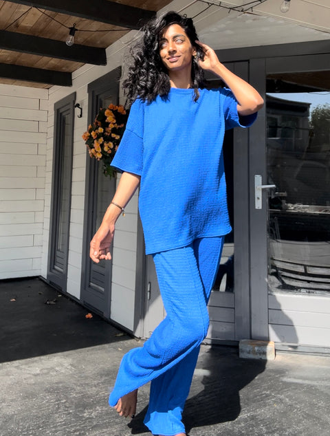 CRÊPE KORTE MOUWEN TWEEDELIG SET BLAUW