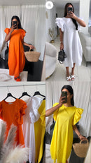 ZOMER ORANJE  KATOENEN - MIDI JURK MET RUCHES DETAILS
