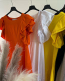 ZOMER ORANJE  KATOENEN - MIDI JURK MET RUCHES DETAILS
