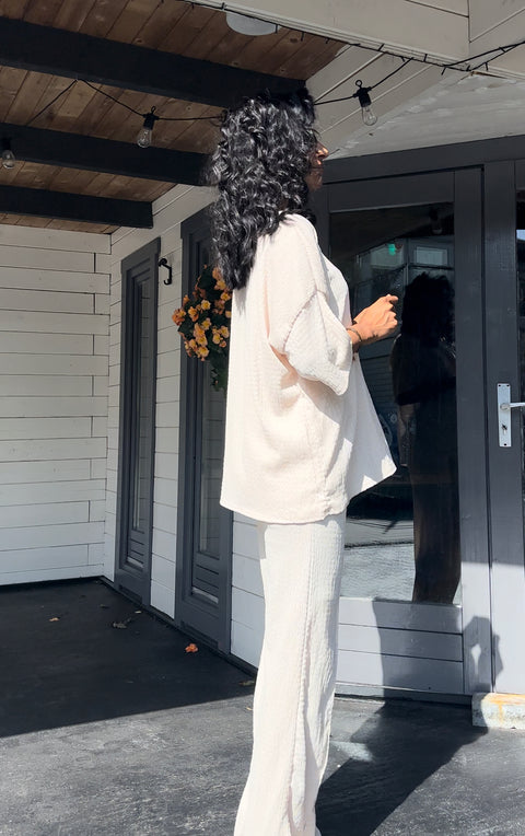 CRÊPE KORTE MOUWEN TWEEDELIG SET BEIGE