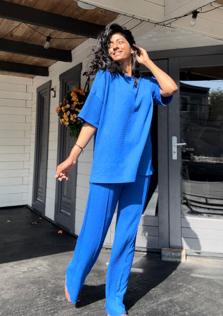 CRÊPE KORTE MOUWEN TWEEDELIG SET BLAUW