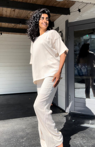 CRÊPE KORTE MOUWEN TWEEDELIG SET BEIGE