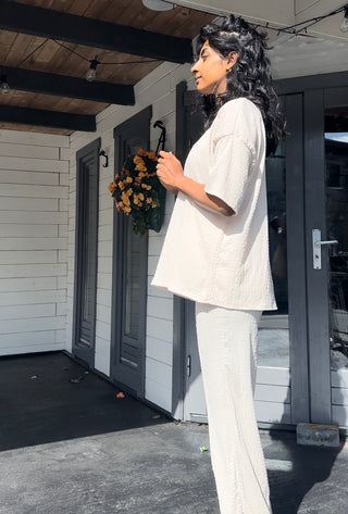 CRÊPE KORTE MOUWEN TWEEDELIG SET BEIGE