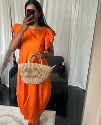 ZOMER ORANJE  KATOENEN - MIDI JURK MET RUCHES DETAILS