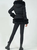 Zwarte winterjas met riem en bont