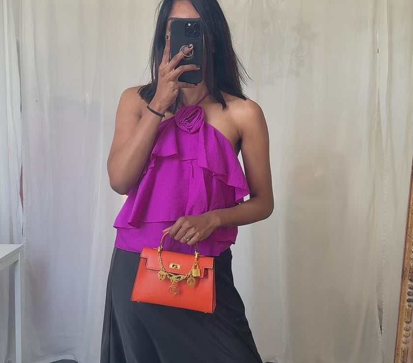 PURPLE BACKLESS ROSE TOP WITH RUCHES